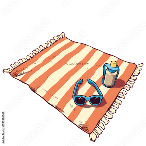 Beach towel with sunglasses, flip flops, and sunscreen bottle. Summer vacation essentials: striped towel, blue sunglasses, and flip-flops.