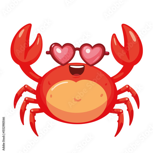 Cheerful cartoon crab wearing heart sunglasses waving claws. This adorable crustacean with pink heart-shaped glasses is perfect for summer greeting cards or fun summer apparel designs.