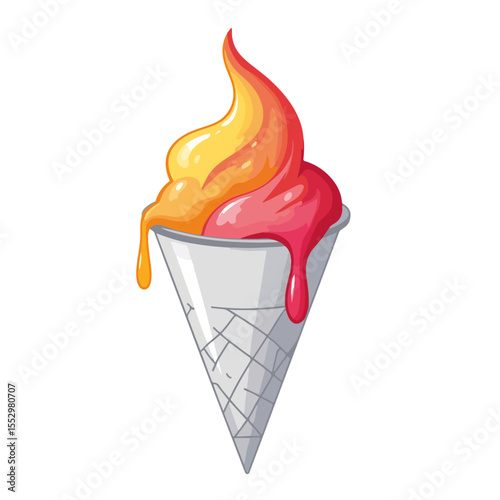 Colorful shaved ice dessert with syrup dripping down cone. Sweet summer treat with vibrant orange and red layers. Delicious shaved ice is perfect for hot summer days.