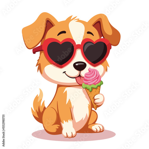 Adorable dog wearing heart sunglasses enjoys ice cream cone. Happy pup with pink ice cream treat on summer day. Playful canine image perfect for summer promotions and greeting cards.