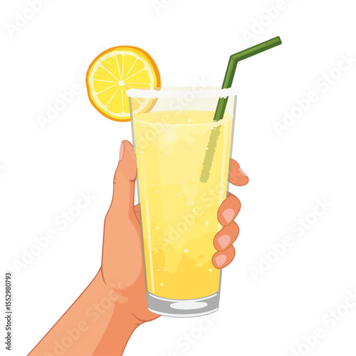 Refreshing lemonade in tall glass with sugared rim held by hand. Icy lemonade drink garnished with lemon slice and straw. Sparkling lemonade perfect for summer menus and refreshing drink promotions.