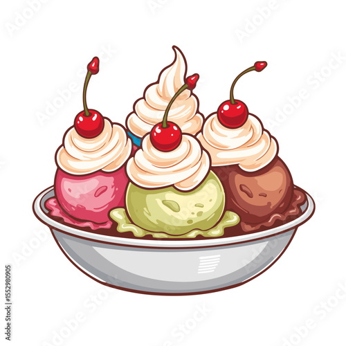 Colorful ice cream sundaes with whipped cream and cherries in a metal bowl. This delicious dessert features strawberry, pistachio,