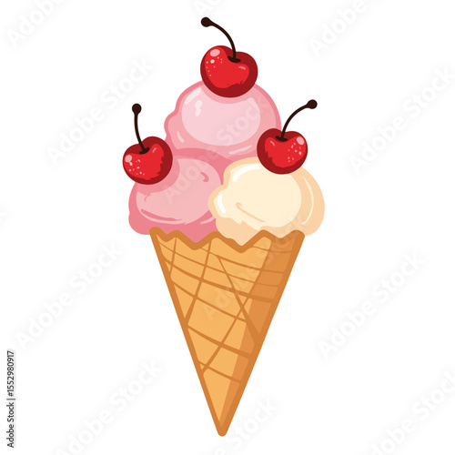 Triple scoop ice cream cone with cherries. Delicious ice cream dessert with three scoops of strawberry and vanilla ice cream. Sweet summer treat perfect for ice cream shop menu or summer promotion.