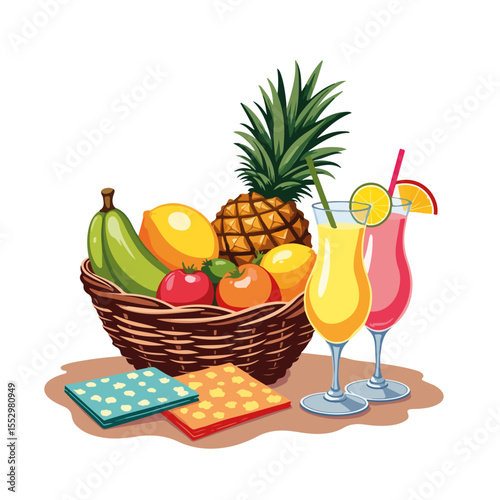 Tropical fruit basket with pineapple, mango, banana, and tomatoes beside chilled cocktails and colorful napkins. This vibrant summer scene features exotic fruits in a wicker basket, refreshing drinks,