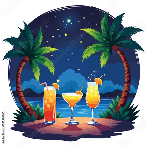 Tropical night scene with glowing cocktails and fireflies on beach. Summer night includes three refreshing cocktails:  a highball, margarita, and a sunset cocktail.