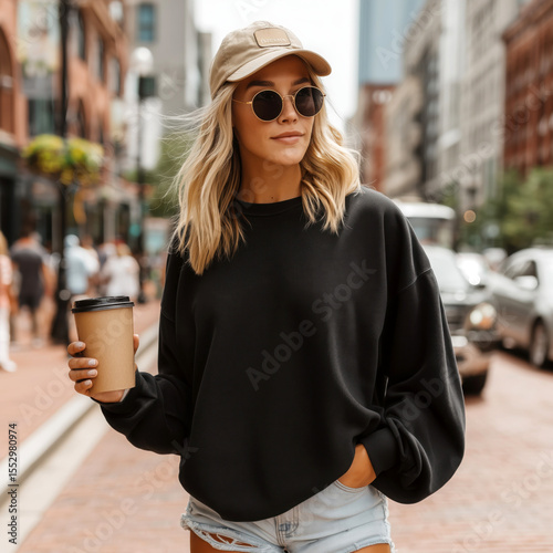 Young female model in sunglasses, baseball cap wearing oversized long sleeve t-shirt walking in city street with coffee cup in hand. Urban lifestyle outfit. Modern women black sweatshirt mockup	
