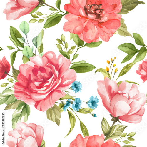 Fototapeta Naklejka Na Ścianę i Meble -  Watercolor blooms in pink, red, and yellow create a rhythmic floral pattern, layered with fresh greenery vibrant tones and natural flow bring this lively scene to life