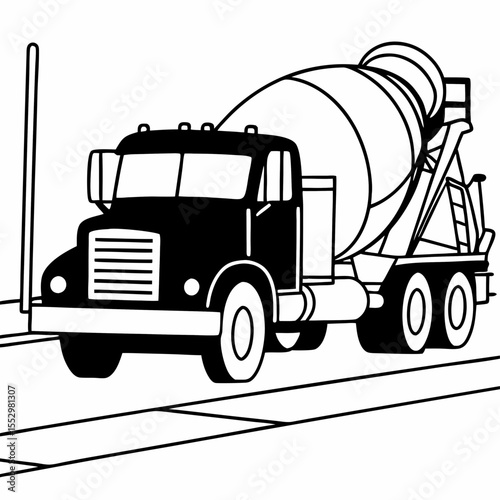 Black and White Illustration of a Cement Mixer Truck