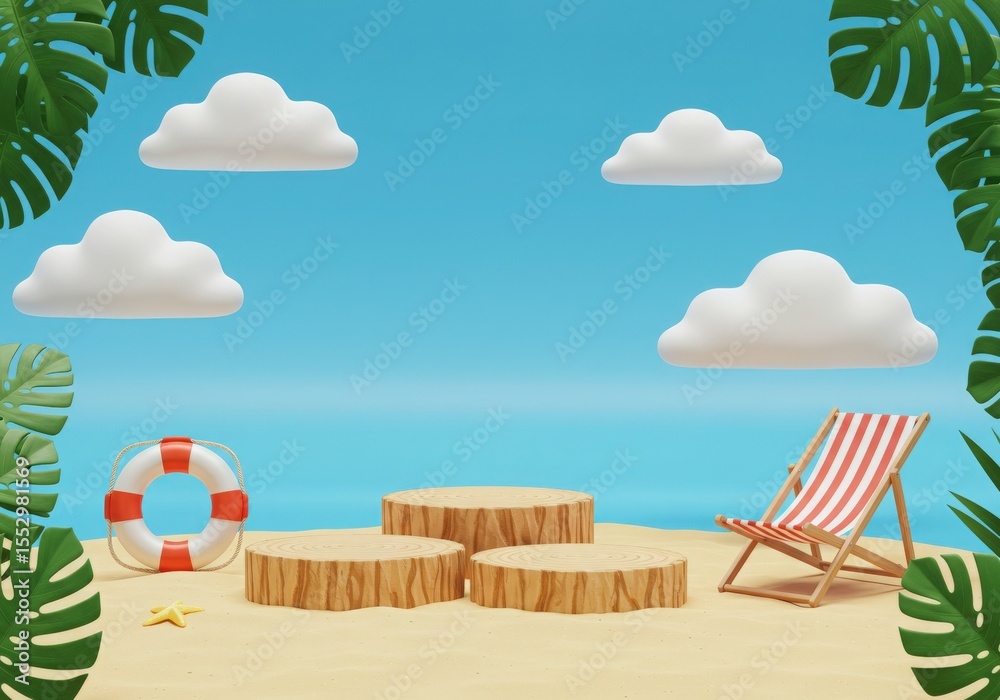 Naklejka premium Tropical beach scene with wooden podiums deck chair lifebuoy starfish and monstera leaves against a blue sky with clouds