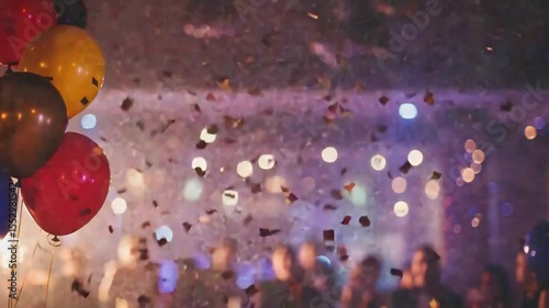 Festive balloons falling amidst confetti at a night event