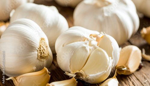several heads of produce with papery white skin sit on a weathered wooden surface