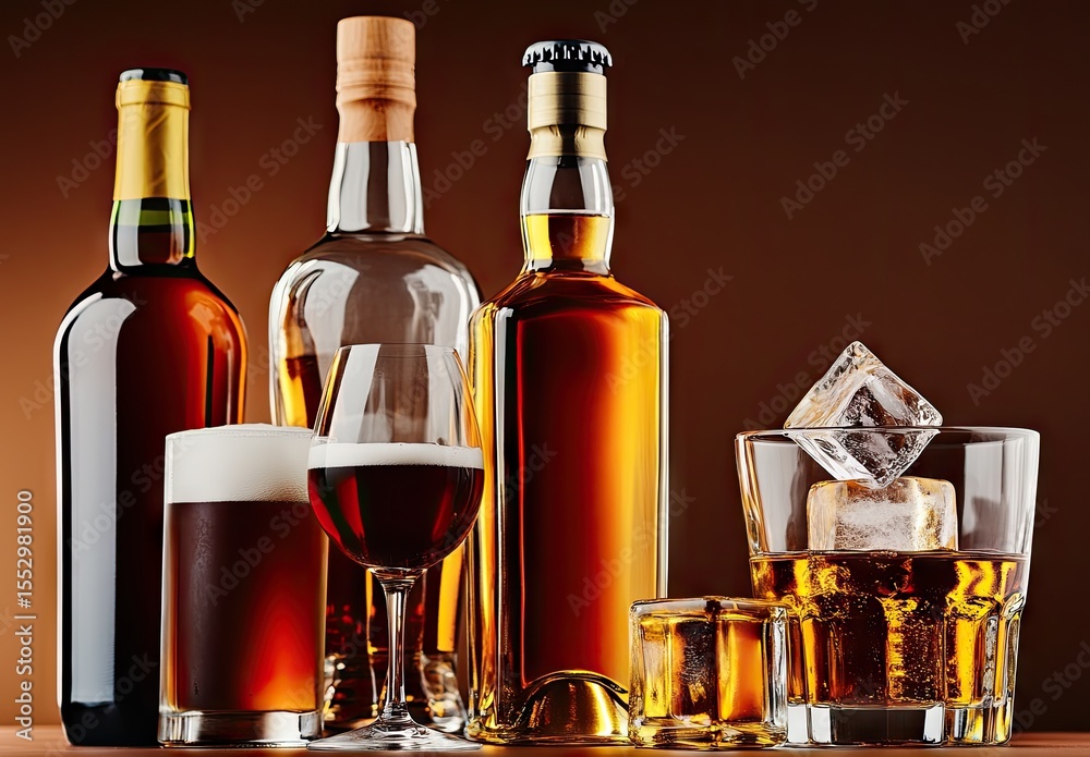 Fototapeta premium Assorted alcoholic beverages in bottles and glasses, amber/brown tones