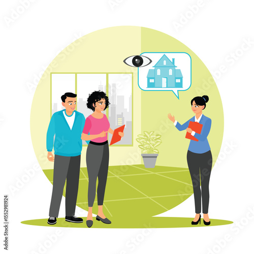 Property Tour. Real Estate Agent Tours Houses with Couple Before Purchasing New Home.