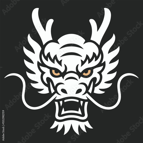 White dragon head illustration on a solid black background