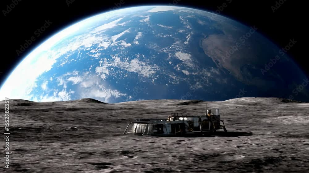 Spaceship Landing on Lunar Surface with Earth Visible in a Starry Sky
