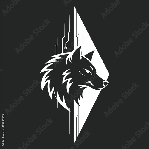 Wolf head graphic design with geometric shapes in blackwhite
