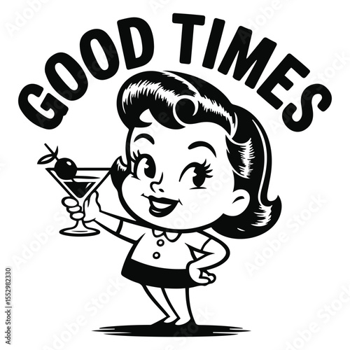 Cartoon girl toasting with good times text above her head