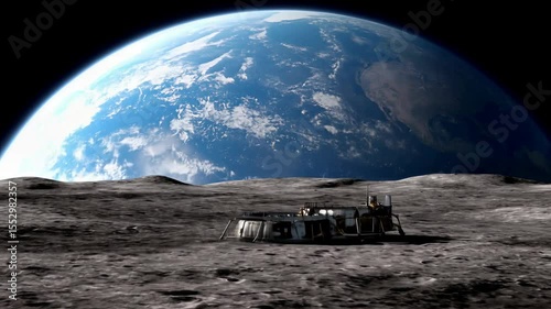 Spaceship Landing on Lunar Surface with Earth Visible in a Starry Sky