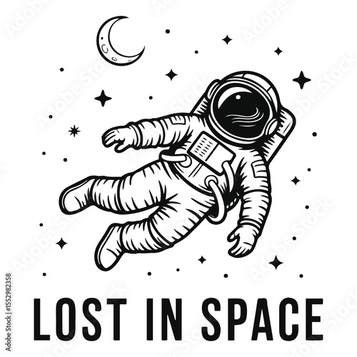 Drawing of an astronaut floating among stars and the moon