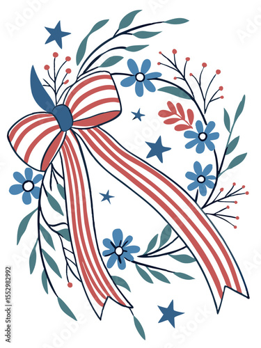 Patriotic Red White Blue Wreath with Stars and Flowers for Independence Day Celebration
