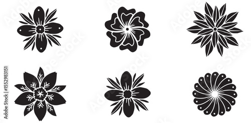 Black Flowers, Flowers icon set. Flowers isolated on white background. Flowers in modern simple. Cute round flower plant nature collection. Vector illustrator