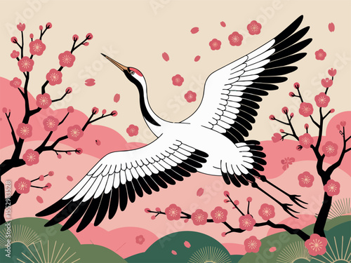 A majestic Japanese red-crowned crane soars gracefully through the sky. It is surrounded by blooming cherry blossom branches, with petals gently falling.