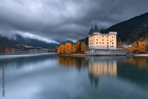 Ruins of a medieval stronghold reflect in tranquil waters