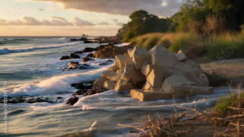 Coastal Sunset with Rock Formations and Gentle Waves Lapping at the Shoreline