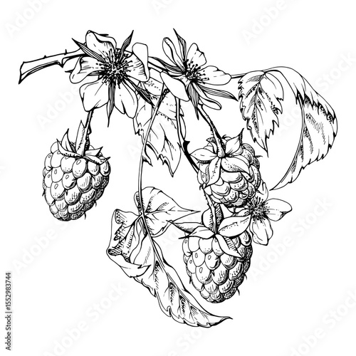 Raspberry berries leaves flowers on thorny spiked branch hand drawn in vector ink. Ripe dewberry mulberry loganberry tayberry. Isolated botanical illustration. Home preserves cookbook, grocery store