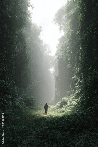 minimalist photograph of solitary figure in dense rainforest in algeria illuminated by soft ultrabright natural