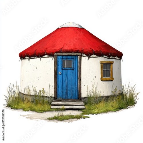 Charming White Yurt with Red Roof and Blue Door Illustration