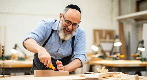 Bearded man in glasses is using a screwdriver on a wooden project in a workshop, surrounded by tools and workbenches, showcasing craftsmanship and dedication to woodworking