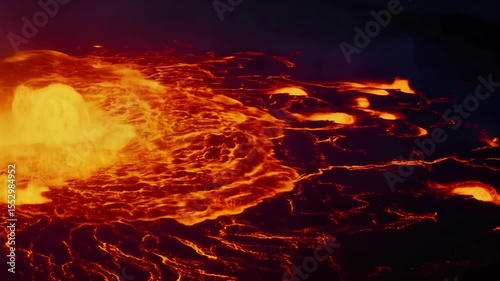 Lava Flow Erupting From Volcanic Crater with Bright Orange Molten Rock and Smoke in Night Sky