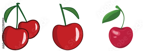 Glossy Cherries with Green Leaves – Vector Illustration
