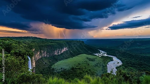 Dramatic stormy landscape with lightning over a lush valley.