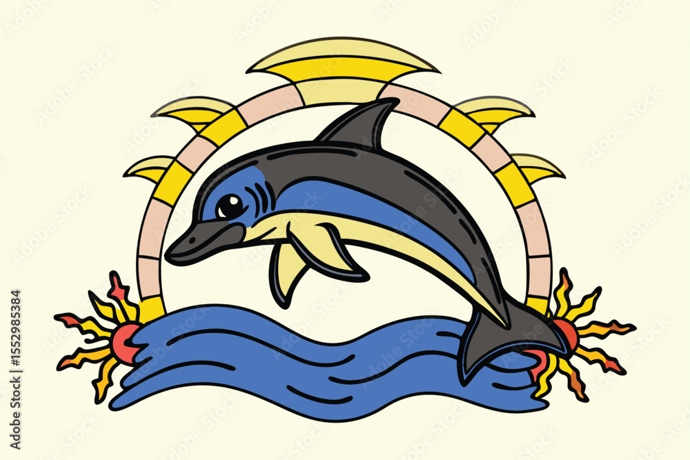 Naklejka premium Striking monochrome dolphin gracefully leaps forward, its elegant curves defined by bold lines