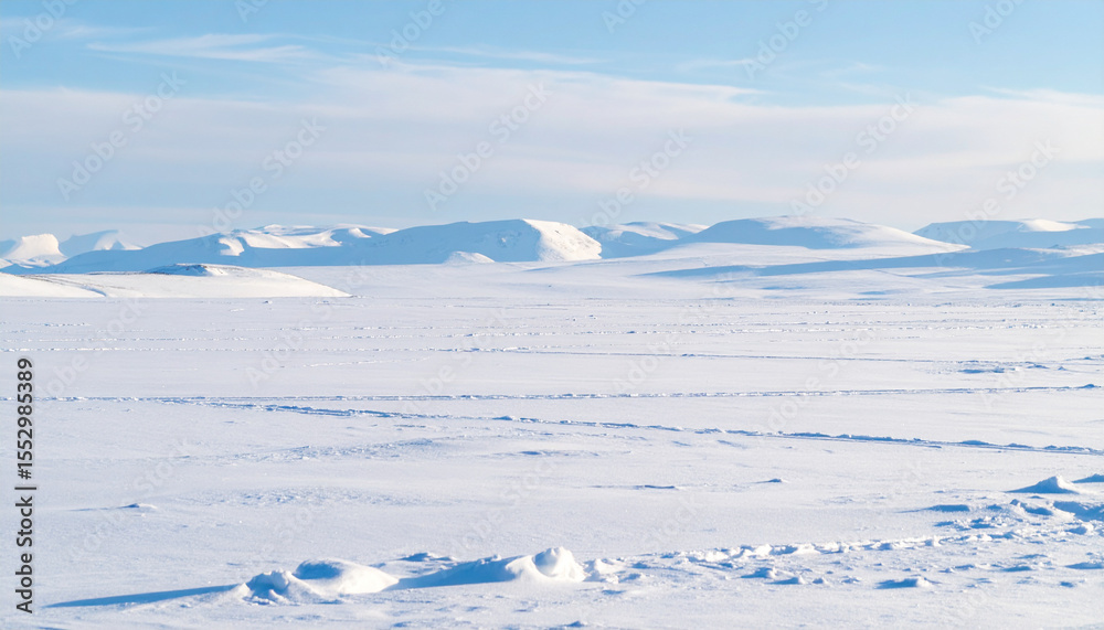 Obraz premium the image depicts a vast, snow covered landscape under a light blue sky with faint cloud formations. in the distance, there are rolling hills or small mountains entirely blanketed in snow