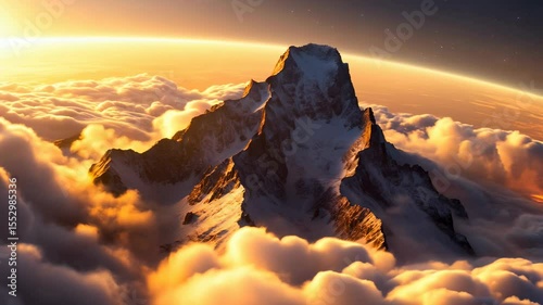 Majestic Snow Covered Mountain Peak Surrounded By Ethereal Clouds At Sunset
