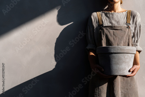 serene portrait of gardener holding flower pot positioned to right of frame