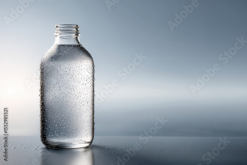 glass water bottle sitting on clean neutral background with condensation on its surface