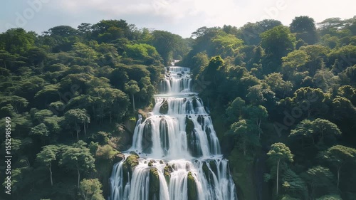 Majestic Waterfall Cascading Down Rocky Cliffs Surrounded by Lush Greenery in Tropical Forest
