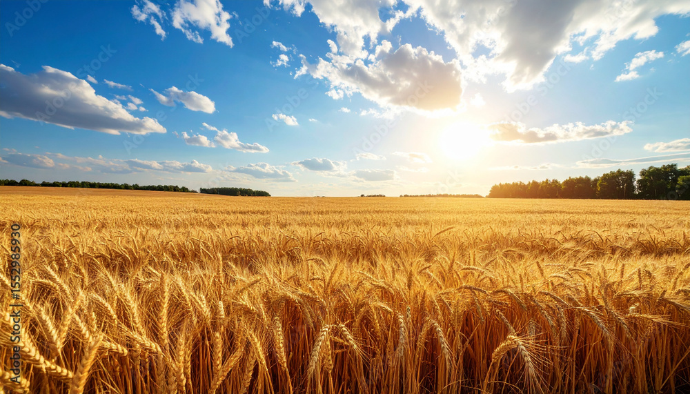 Obraz premium a landscape view reveals a large field of golden grain stretching out under a bright, sunlit sky. the sky is filled with soft, white clouds scattered across the blue