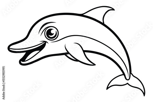 Cartoon dolphin smiles brightly, showing its teeth in a cheerful, illustrated image