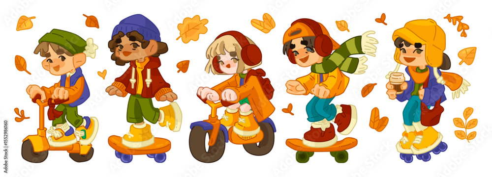 Obraz premium Cartoon Autumn Kids on Wheels. Five kids in autumn outfits riding scooter, skateboard, balance bike, roller skates, and walking. Flat cartoon style with falling leaves, isolated on white background.