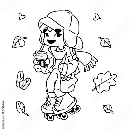 Autumn Roller Kid Coloring Page. Outline drawing of a child in autumn outfit roller skating with drink in hand, surrounded by falling leaves. Black and white cartoon coloring page.