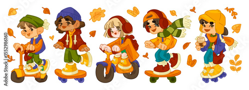 Cartoon Autumn Kids on Wheels. Five kids in autumn outfits riding scooter, skateboard, balance bike, roller skates, and walking. Flat cartoon style with falling leaves, isolated on white background.