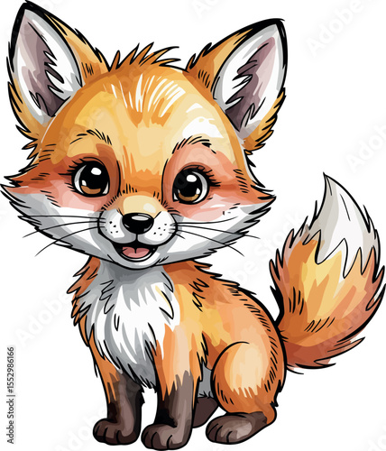 This charming illustration features an adorable baby fox sitting down, rendered in a soft watercolor style. 