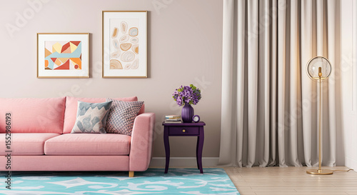 Modern living room featuring a pink sofa, decorative pillows, a purple side table with flowers, and framed artwork on the wall, creating a cozy and inviting atmosphere