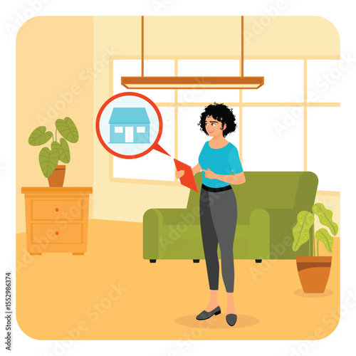 Home Staging. Woman Decorating Minimalist Room Layout.