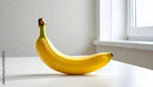 a single bright yellow fruit sits on a white surface. the fruit is curved and has a dark stem. the background is a plain white wall and a glimpse of a window on the right